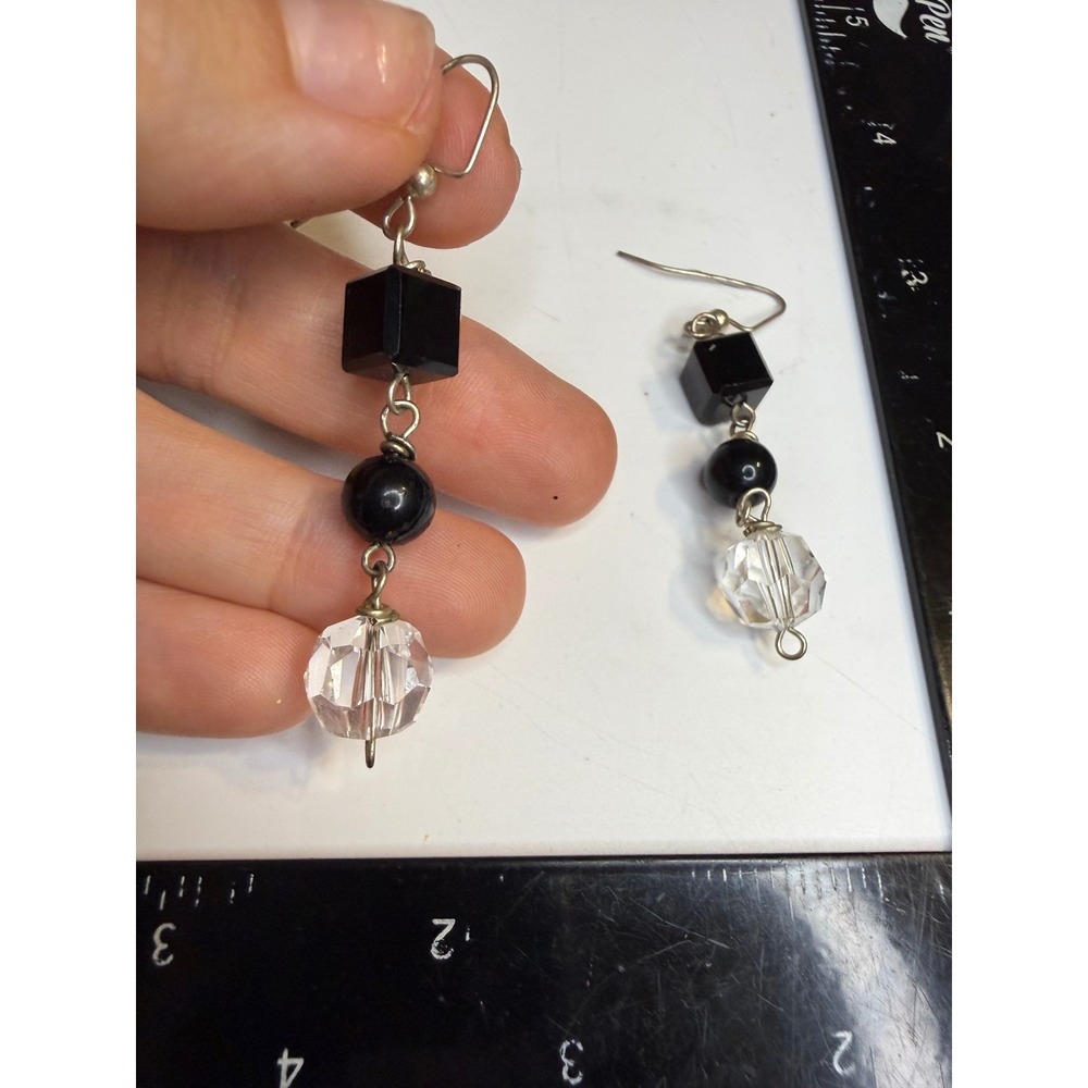 Handmade Black and Clear Geometric Bead Drop Earrings Silver Tone French Wire